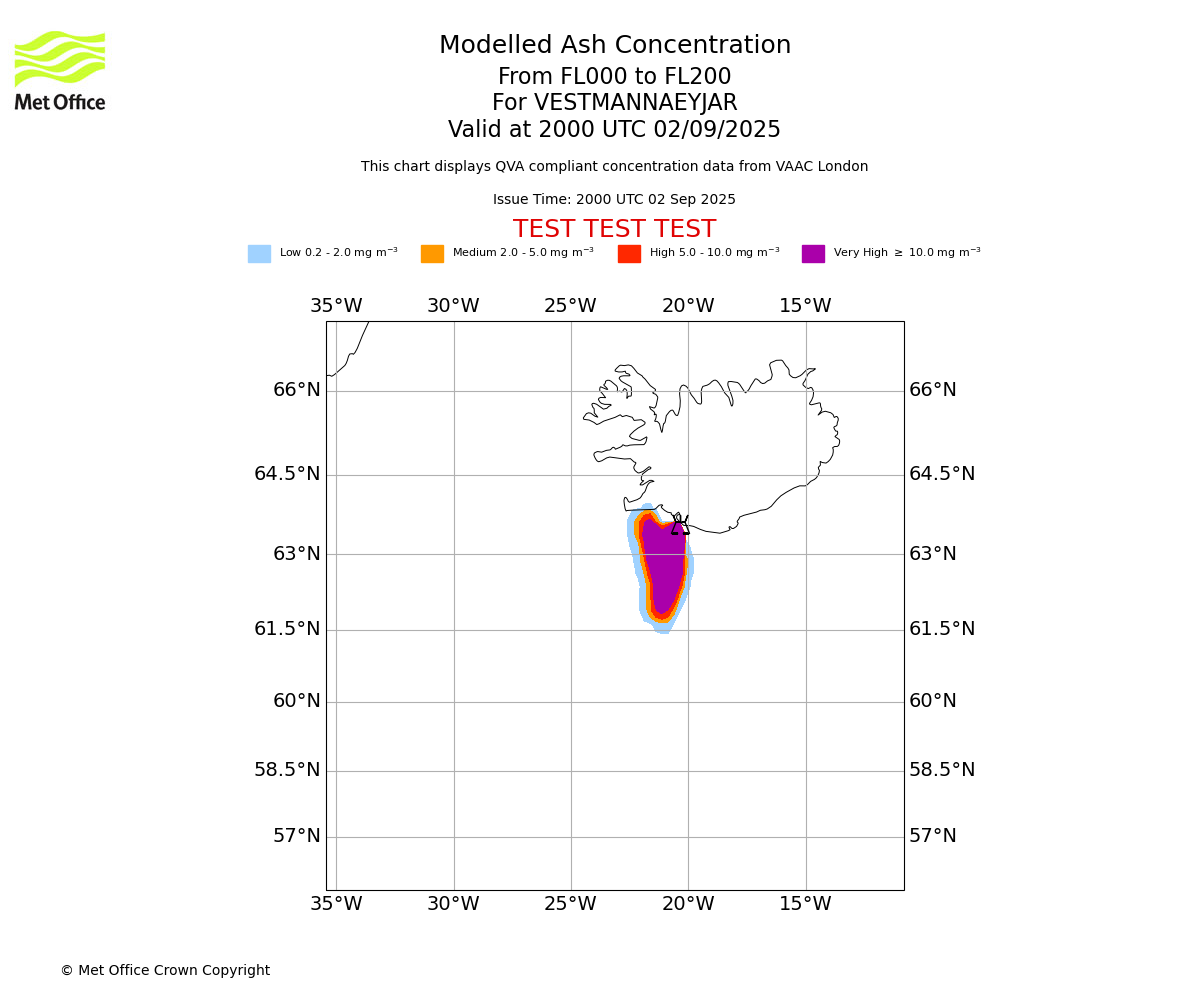 Modelled ash concentration from 000 to 200 for VESTMANNAEYJAR. Valid at 2000 UTC 02/09/2025