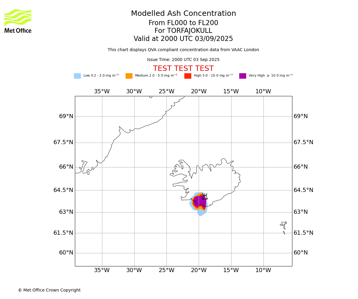 Modelled ash concentration from 000 to 200 for TORFAJOKULL. Valid at 2000 UTC 03/09/2025