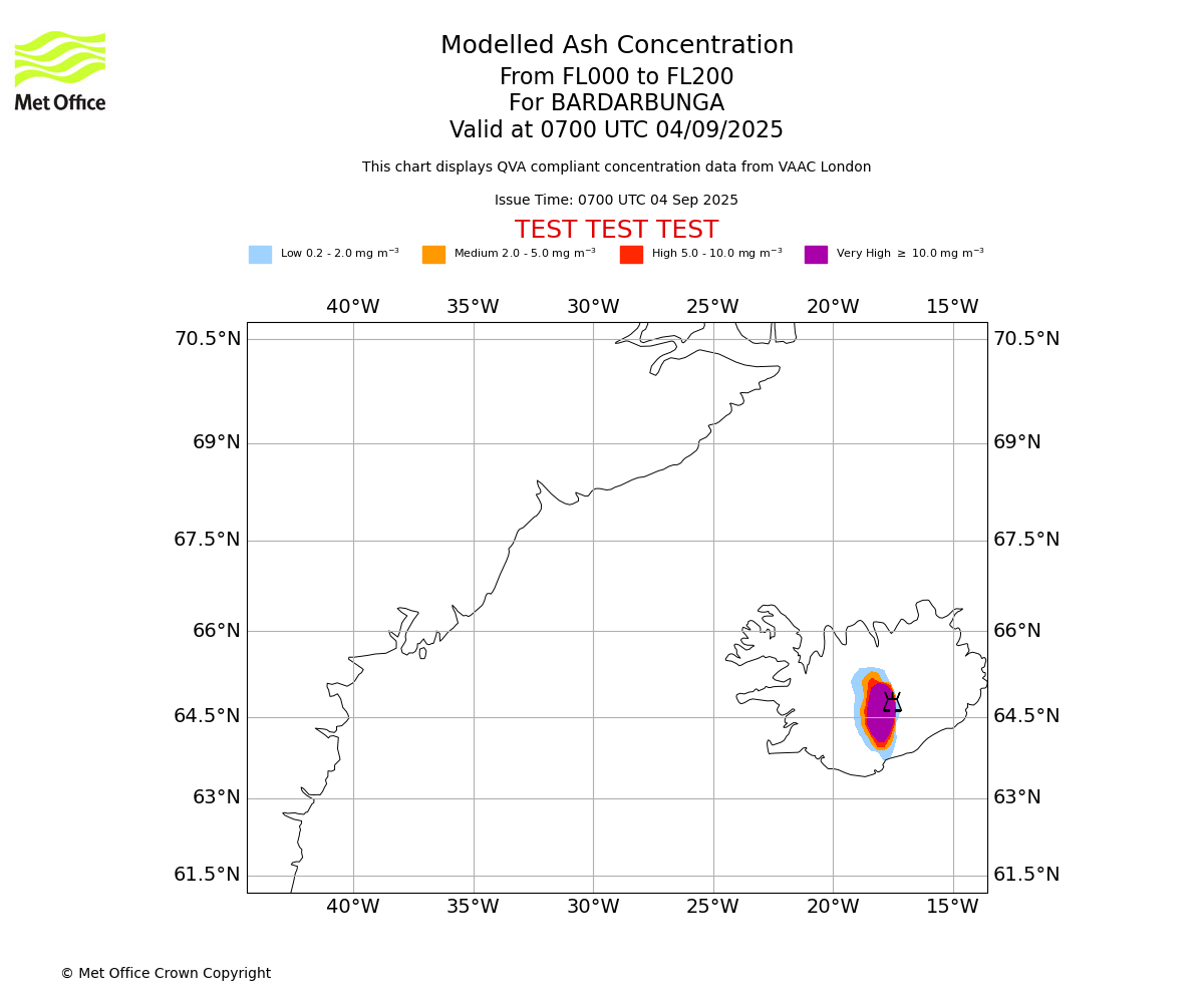 Modelled ash concentration from 000 to 200 for BARDARBUNGA. Valid at 0700 UTC 04/09/2025