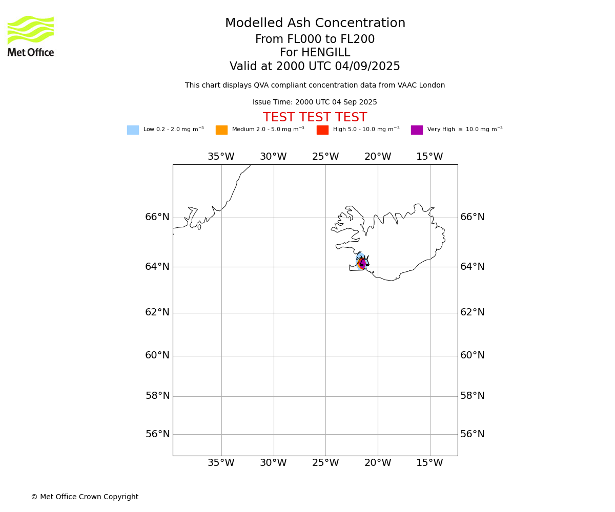 Modelled ash concentration from 000 to 200 for HENGILL. Valid at 2000 UTC 04/09/2025