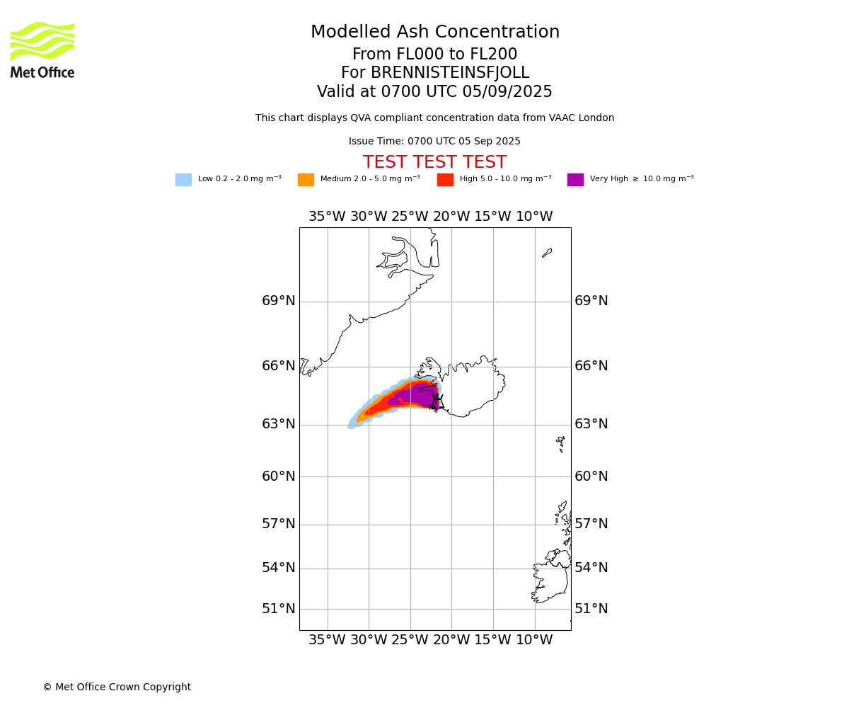 Modelled ash concentration from 000 to 200 for BRENNISTEINSFJOLL. Valid at 0700 UTC 05/09/2025