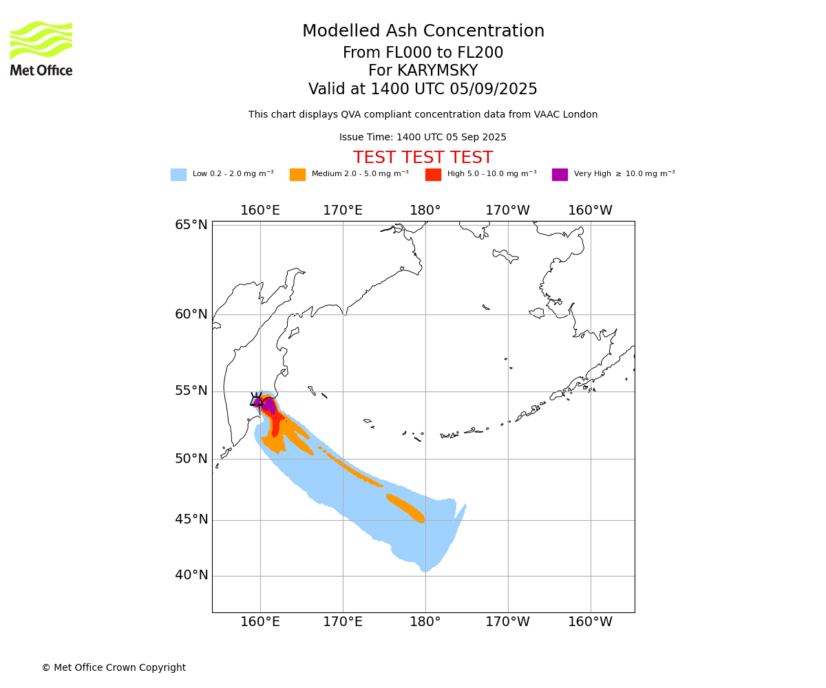 Modelled ash concentration from 000 to 200 for KARYMSKY. Valid at 1400 UTC 05/09/2025