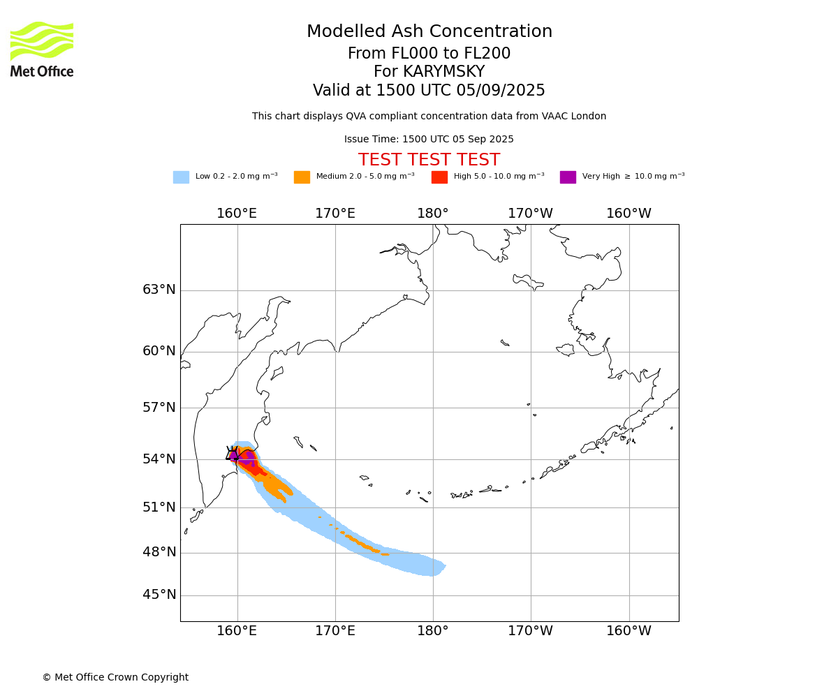 Modelled ash concentration from 000 to 200 for KARYMSKY. Valid at 1500 UTC 05/09/2025