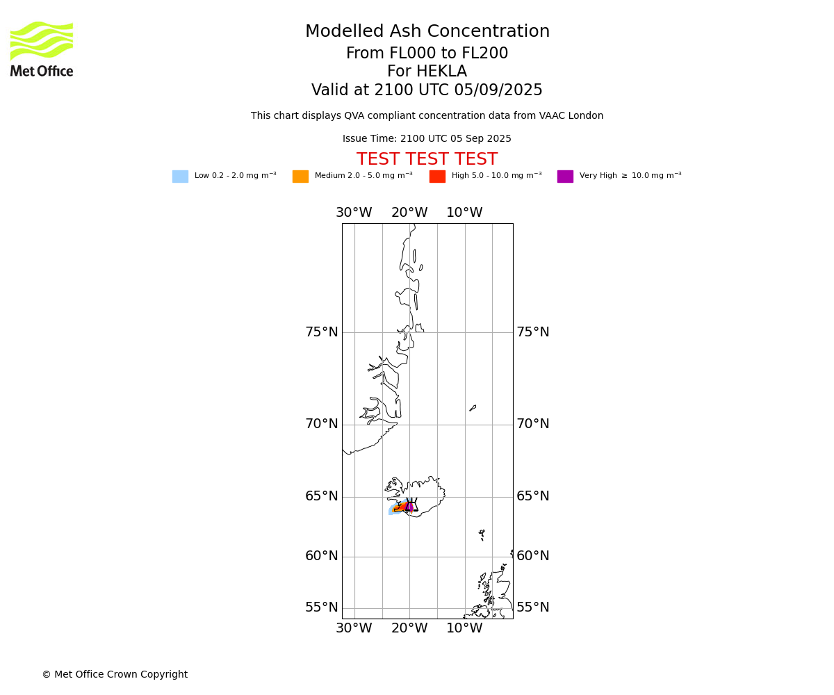 Modelled ash concentration from 000 to 200 for HEKLA. Valid at 2100 UTC 05/09/2025