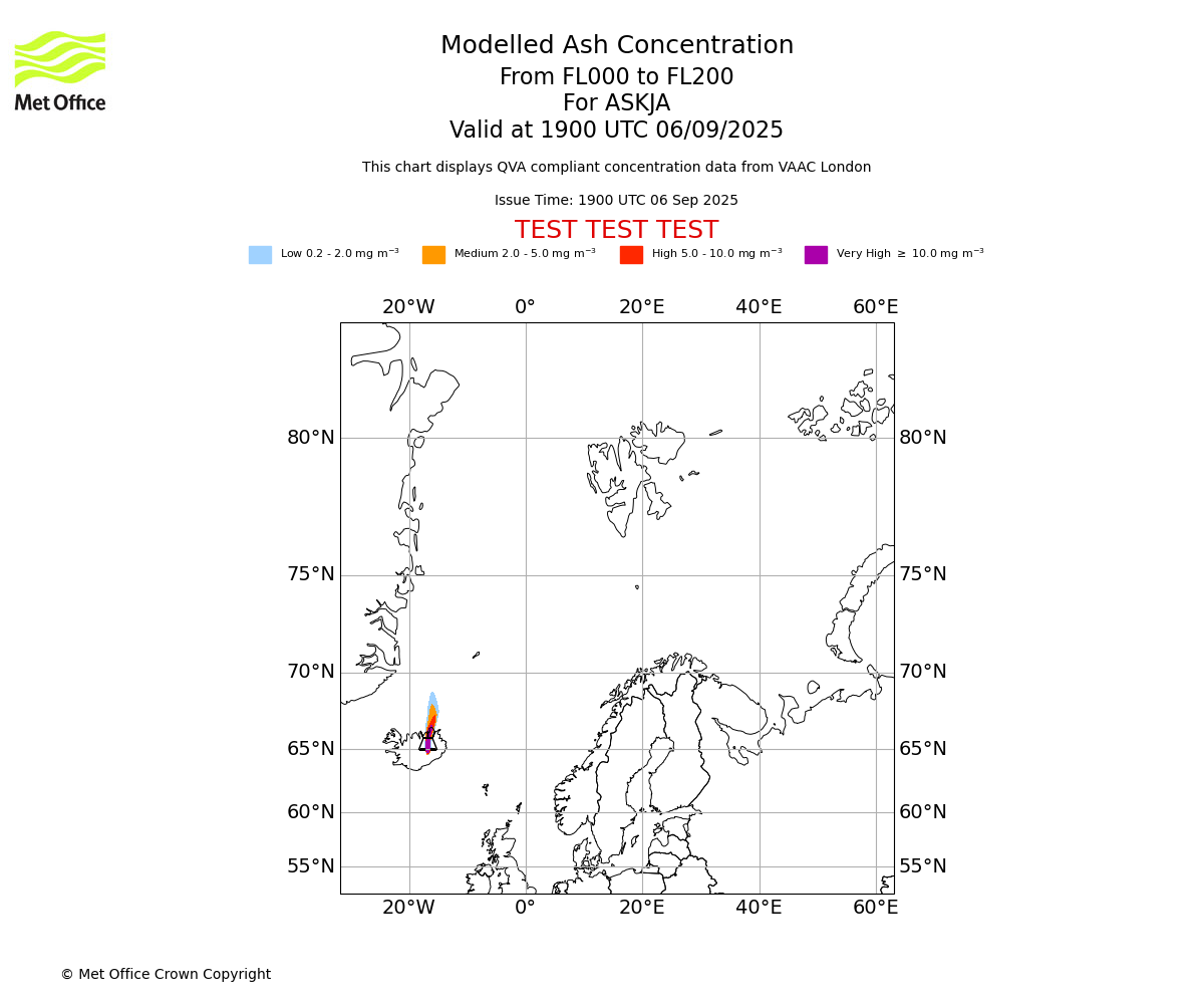 Modelled ash concentration from 000 to 200 for ASKJA. Valid at 1900 UTC 06/09/2025