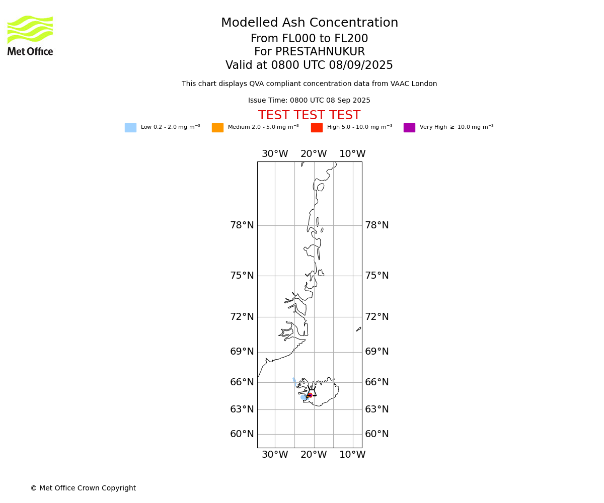 Modelled ash concentration from 000 to 200 for PRESTAHNUKUR. Valid at 0800 UTC 08/09/2025