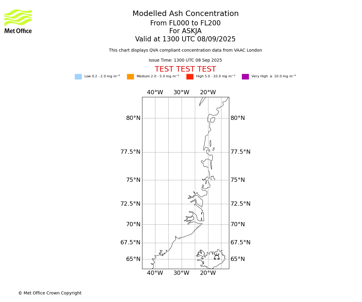 Modelled ash concentration from 000 to 200 for ASKJA. Valid at 1300 UTC 08/09/2025