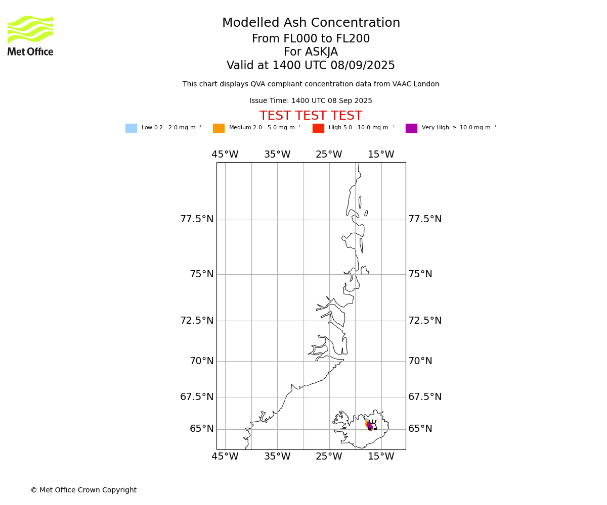 Modelled ash concentration from 000 to 200 for ASKJA. Valid at 1400 UTC 08/09/2025
