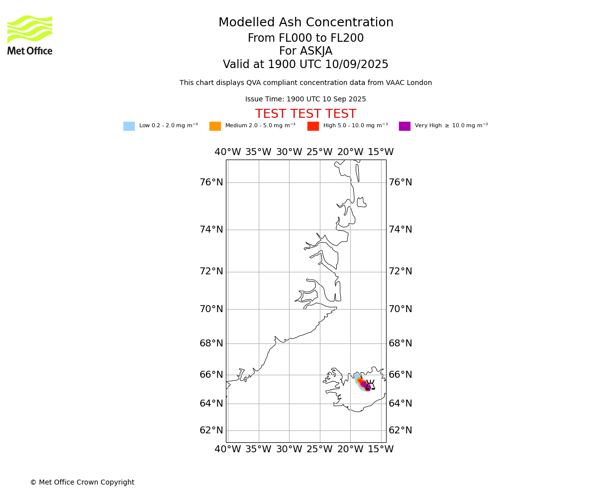 Modelled ash concentration from 000 to 200 for ASKJA. Valid at 1900 UTC 10/09/2025