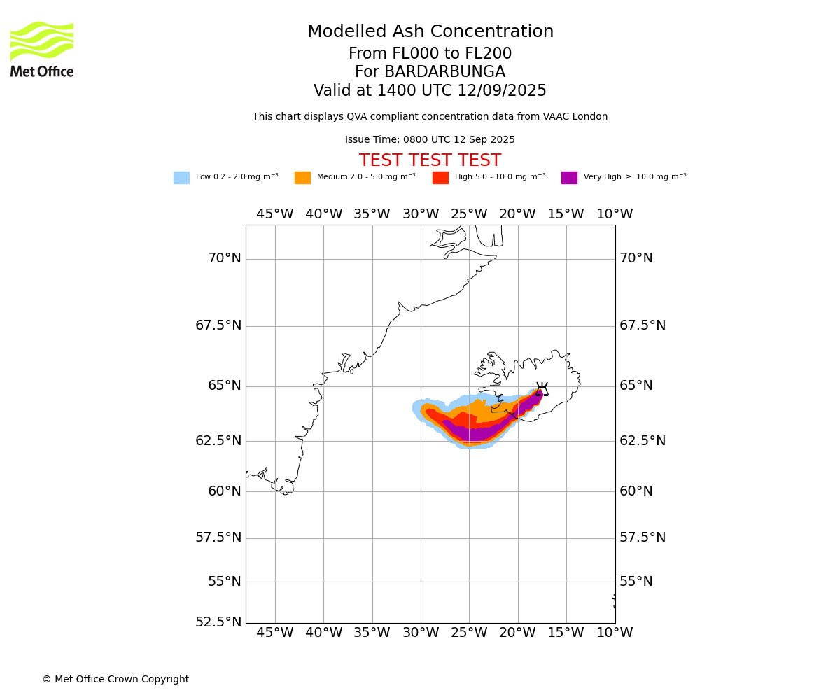 Modelled ash concentration from 000 to 200 for BARDARBUNGA. Valid at 1400 UTC 12/09/2025