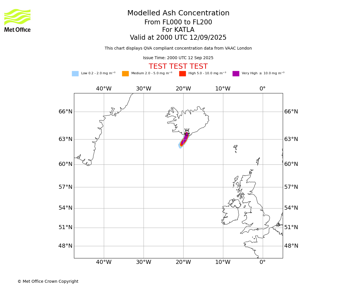 Modelled ash concentration from 000 to 200 for KATLA. Valid at 2000 UTC 12/09/2025