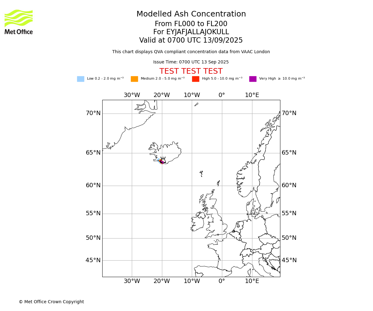 Modelled ash concentration from 000 to 200 for EYJAFJALLAJOKULL. Valid at 0700 UTC 13/09/2025