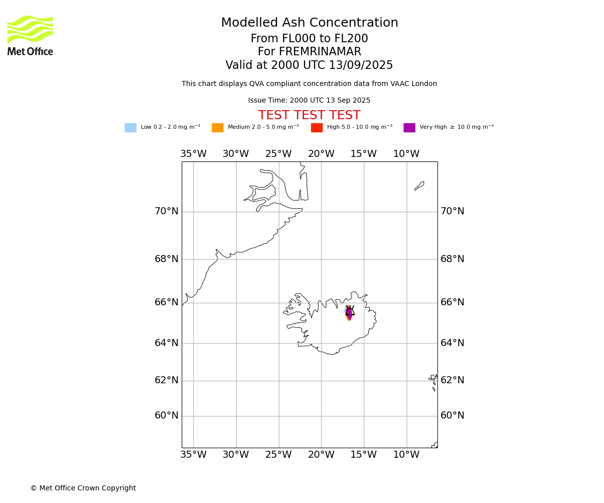 Modelled ash concentration from 000 to 200 for FREMRINAMAR. Valid at 2000 UTC 13/09/2025