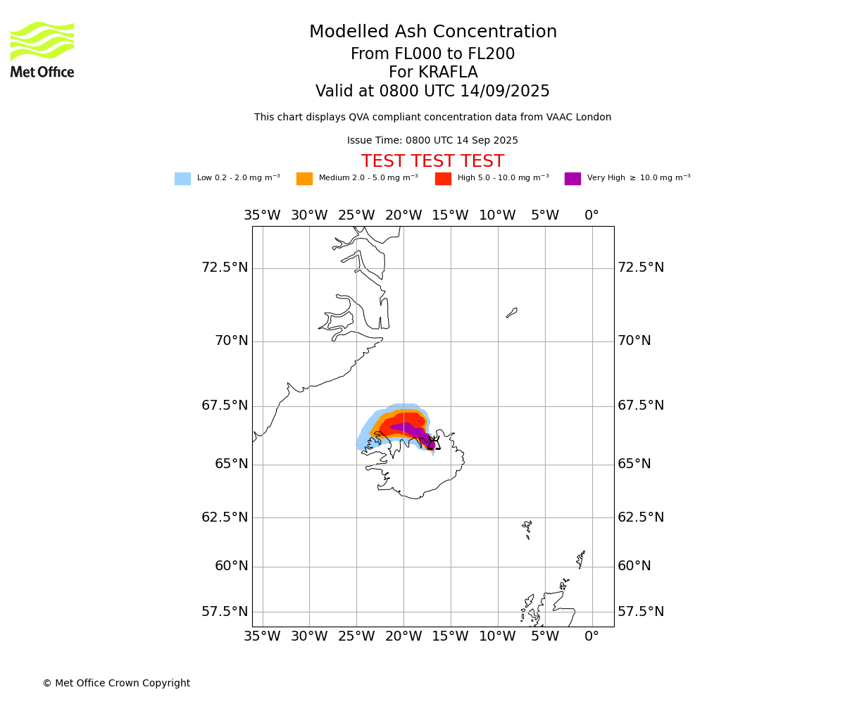 Modelled ash concentration from 000 to 200 for KRAFLA. Valid at 0800 UTC 14/09/2025