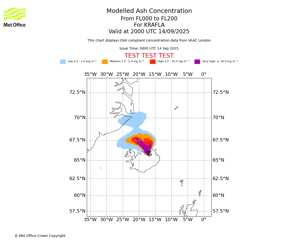 Modelled ash concentration from 000 to 200 for KRAFLA. Valid at 2000 UTC 14/09/2025