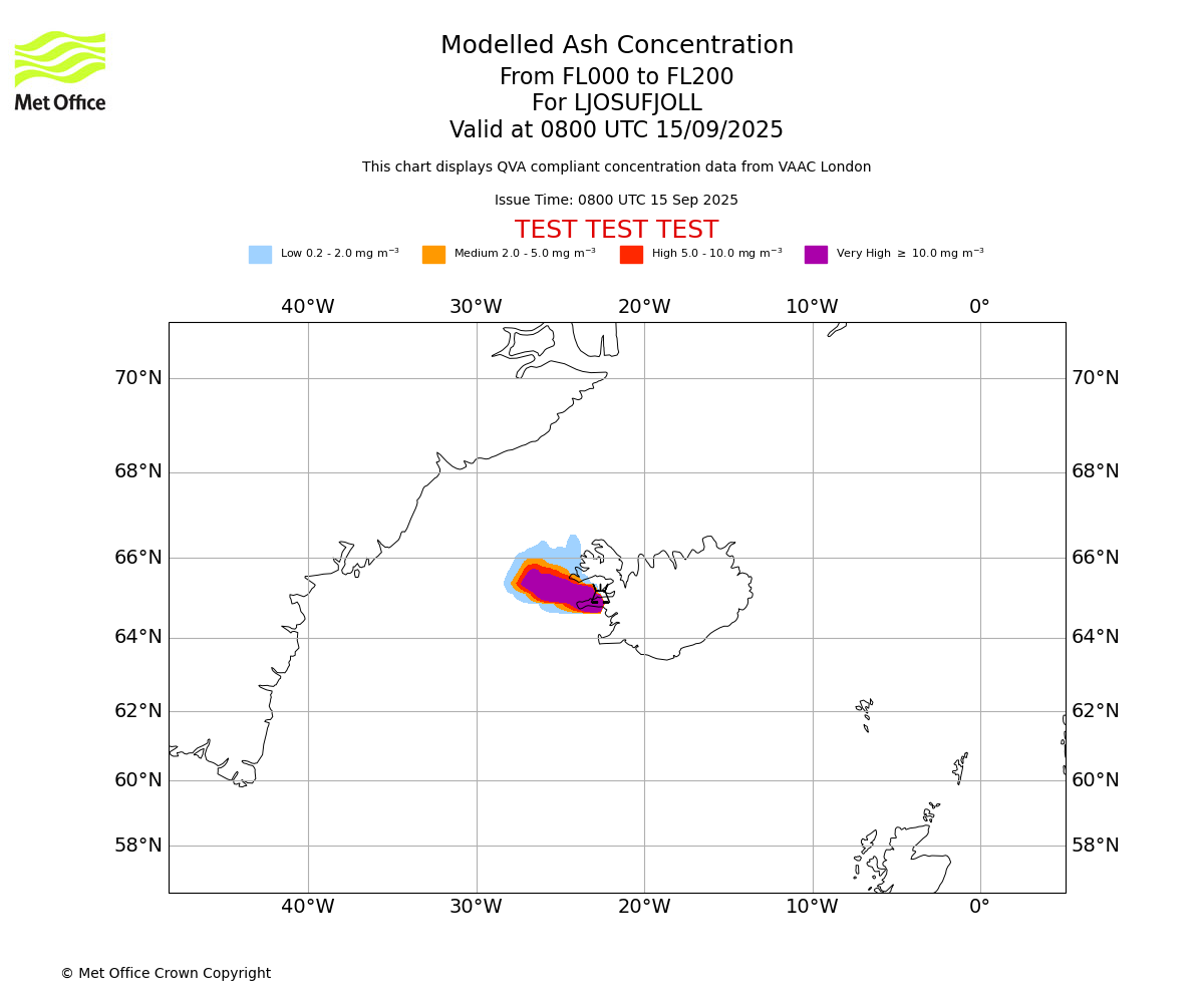 Modelled ash concentration from 000 to 200 for LJOSUFJOLL. Valid at 0800 UTC 15/09/2025