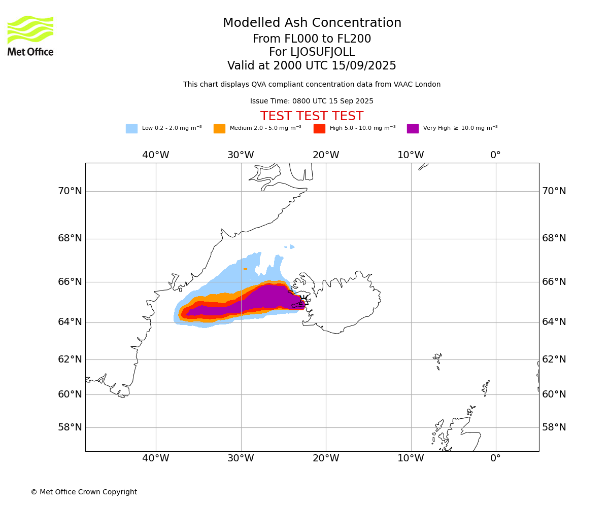 Modelled ash concentration from 000 to 200 for LJOSUFJOLL. Valid at 2000 UTC 15/09/2025