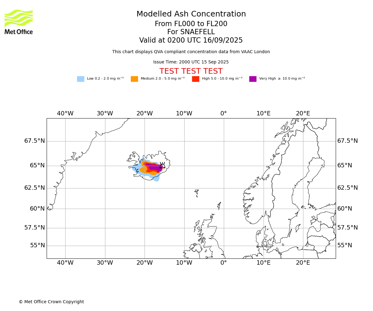 Modelled ash concentration from 000 to 200 for SNAEFELL. Valid at 0200 UTC 16/09/2025