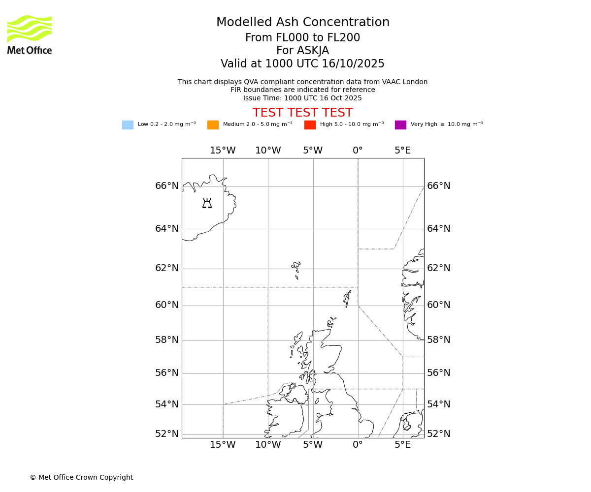 Modelled ash concentration from 000 to 200 for ASKJA. Valid at 1000 UTC 16/10/2025