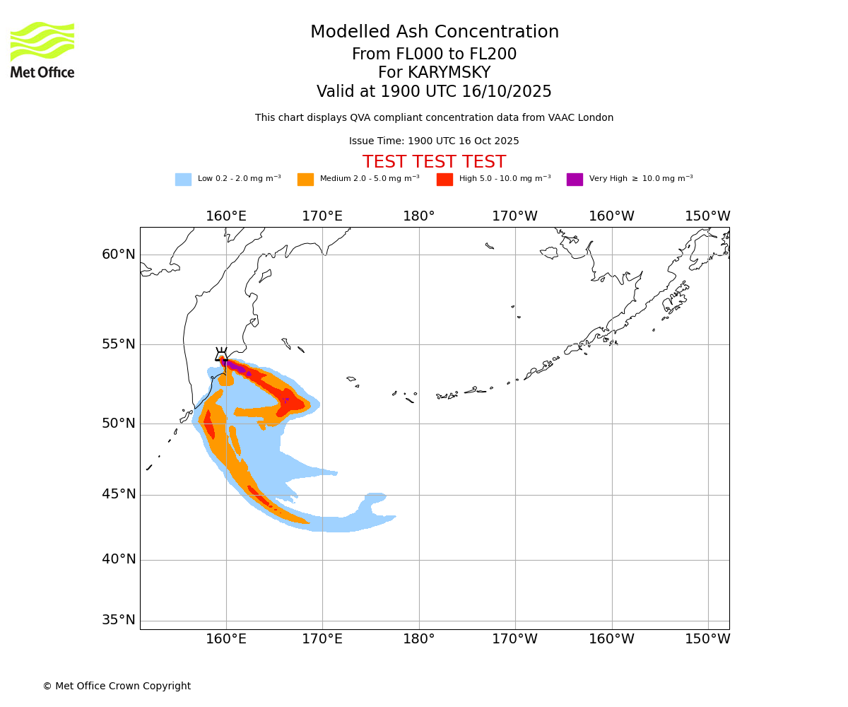 Modelled ash concentration from 000 to 200 for KARYMSKY. Valid at 1900 UTC 16/10/2025