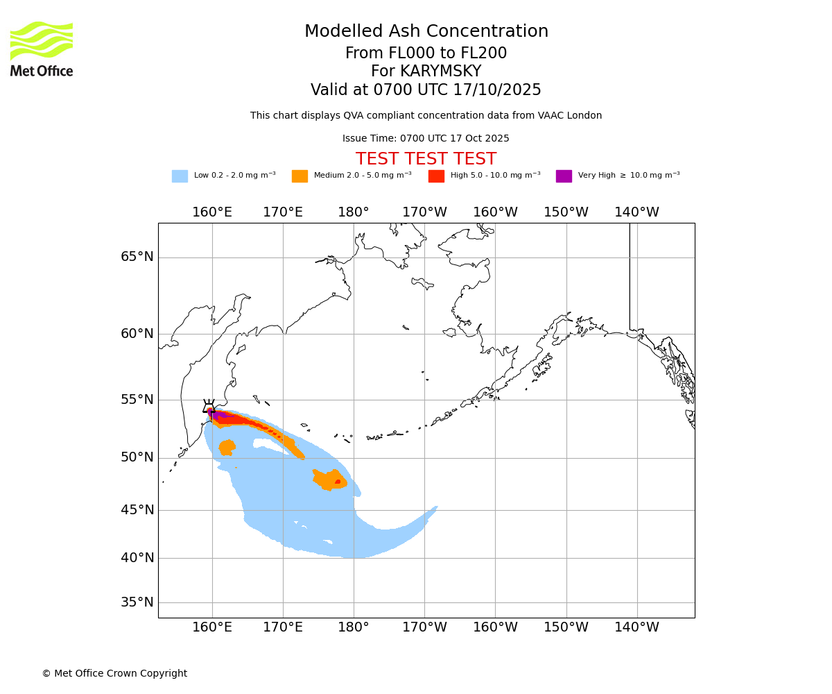 Modelled ash concentration from 000 to 200 for KARYMSKY. Valid at 0700 UTC 17/10/2025