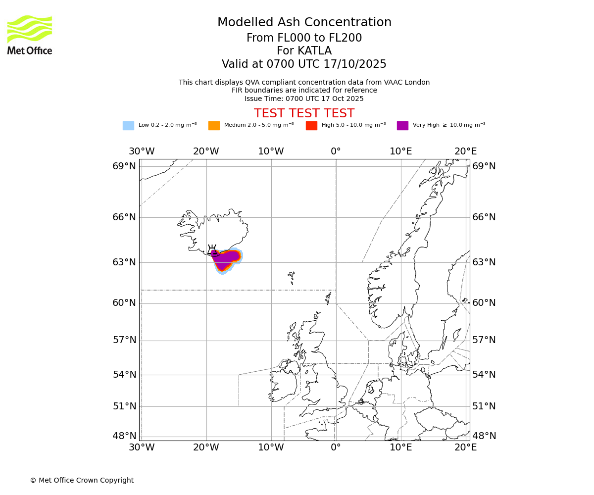Modelled ash concentration from 000 to 200 for KATLA. Valid at 0700 UTC 17/10/2025