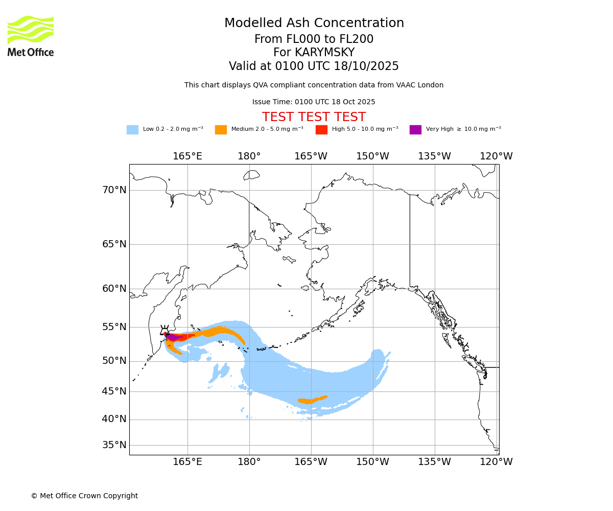 Modelled ash concentration from 000 to 200 for KARYMSKY. Valid at 0100 UTC 18/10/2025