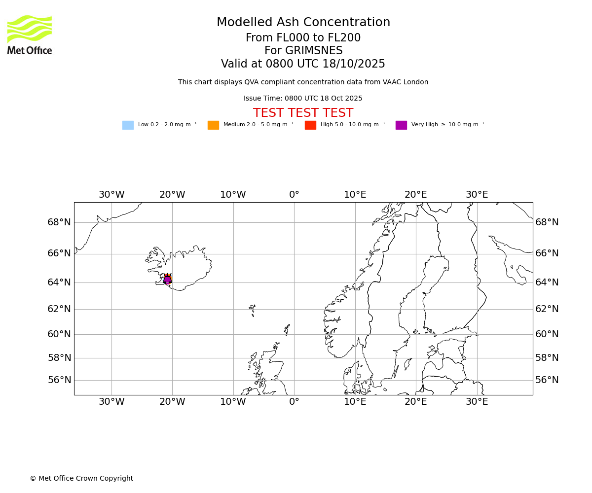 Modelled ash concentration from 000 to 200 for GRIMSNES. Valid at 0800 UTC 18/10/2025
