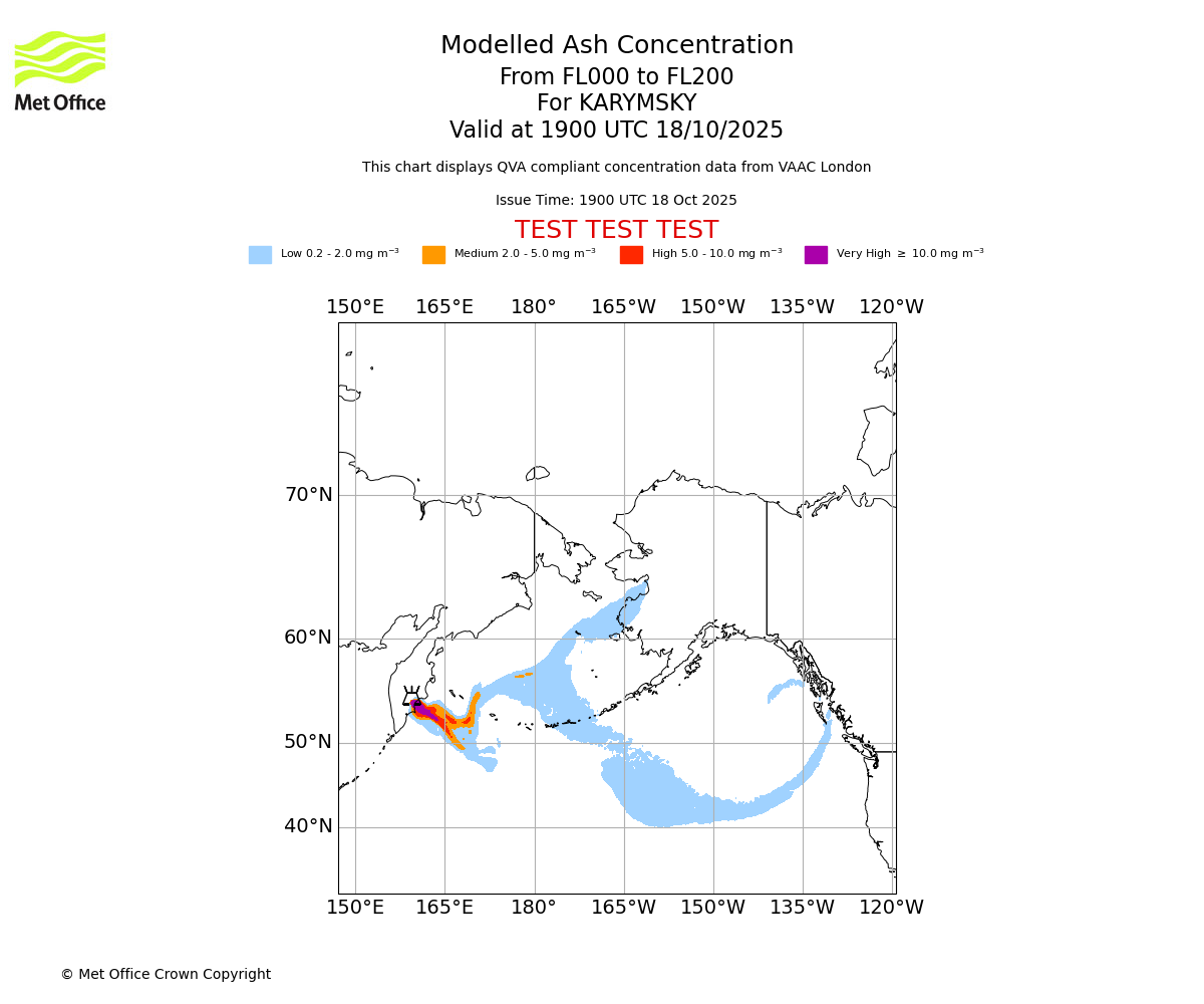 Modelled ash concentration from 000 to 200 for KARYMSKY. Valid at 1900 UTC 18/10/2025