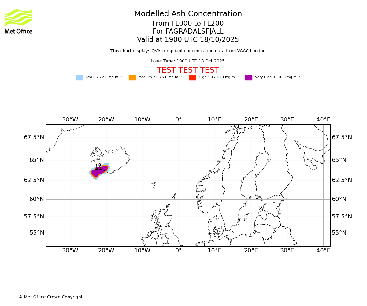 Modelled ash concentration from 000 to 200 for FAGRADALSFJALL. Valid at 1900 UTC 18/10/2025