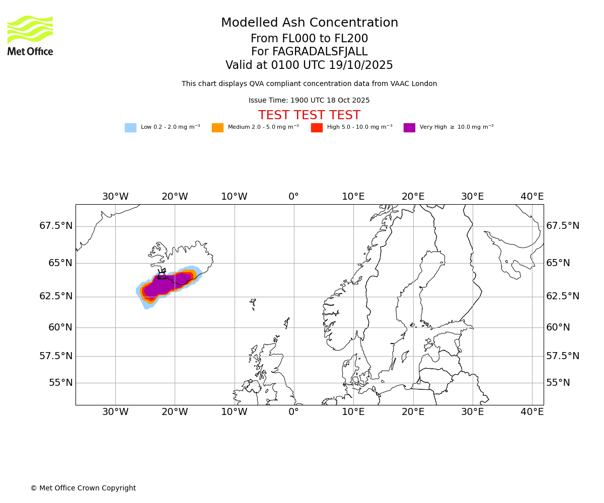 Modelled ash concentration from 000 to 200 for FAGRADALSFJALL. Valid at 0100 UTC 19/10/2025