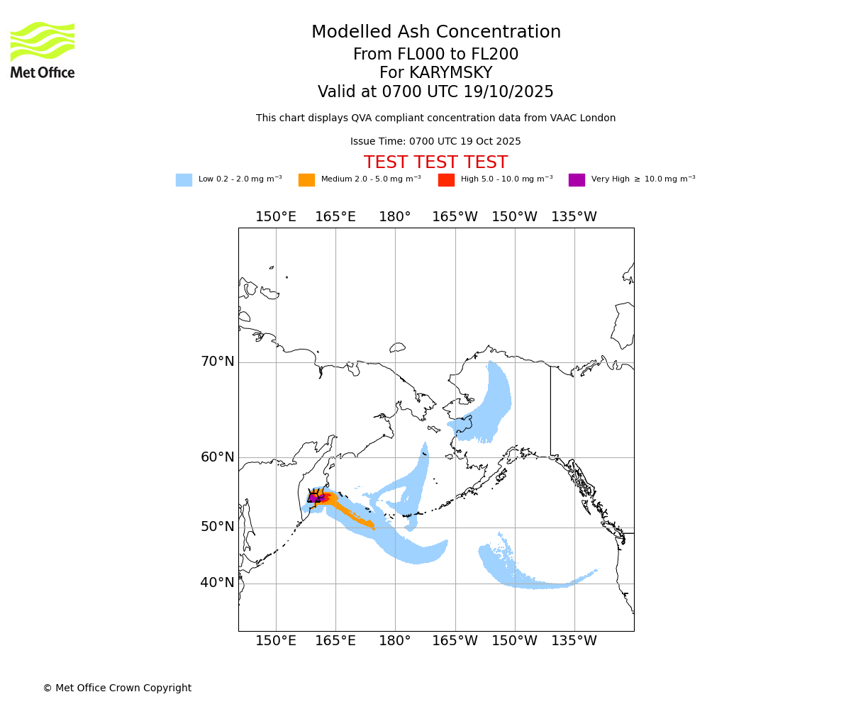 Modelled ash concentration from 000 to 200 for KARYMSKY. Valid at 0700 UTC 19/10/2025