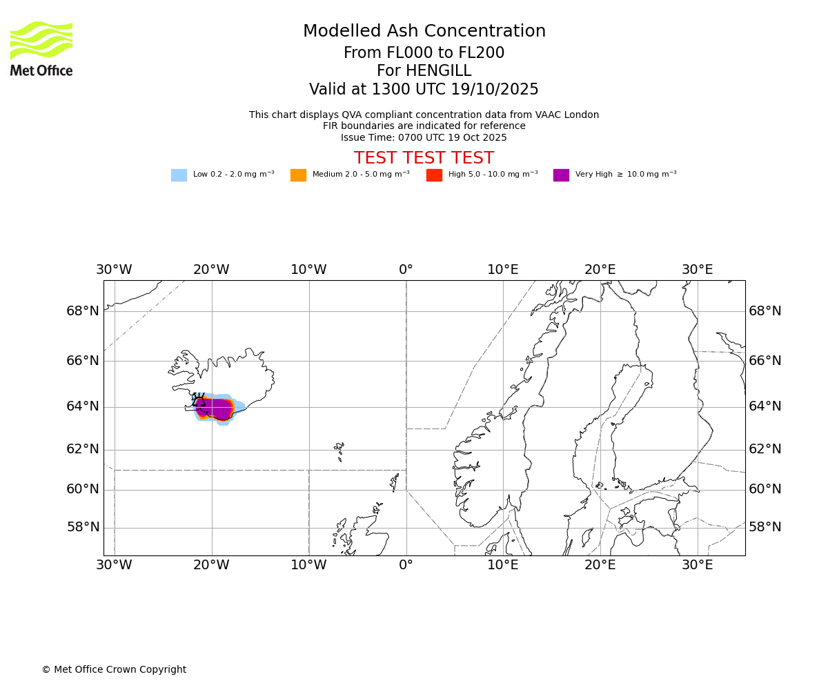 Modelled ash concentration from 000 to 200 for HENGILL. Valid at 1300 UTC 19/10/2025