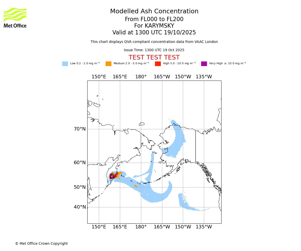 Modelled ash concentration from 000 to 200 for KARYMSKY. Valid at 1300 UTC 19/10/2025