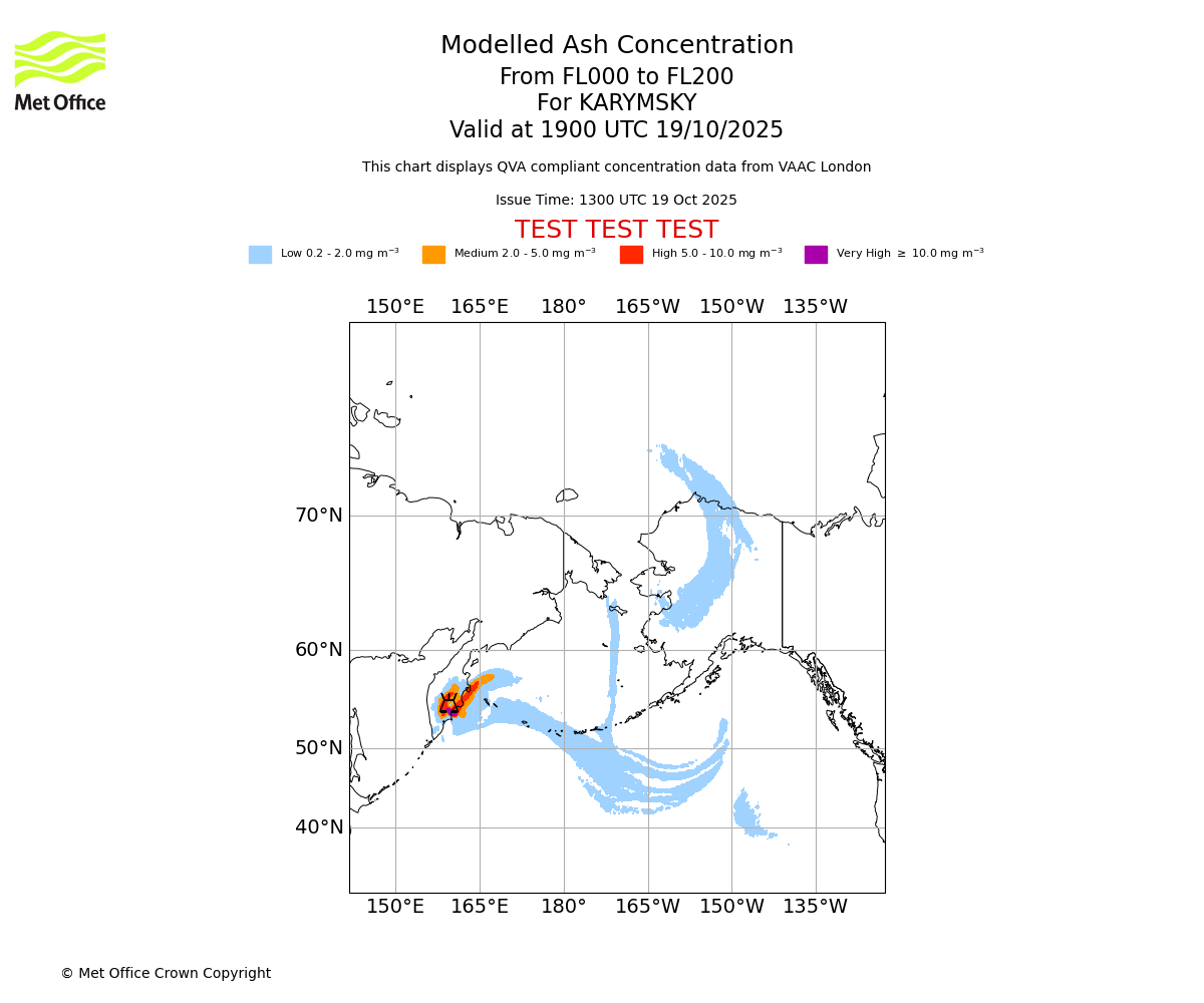 Modelled ash concentration from 000 to 200 for KARYMSKY. Valid at 1900 UTC 19/10/2025