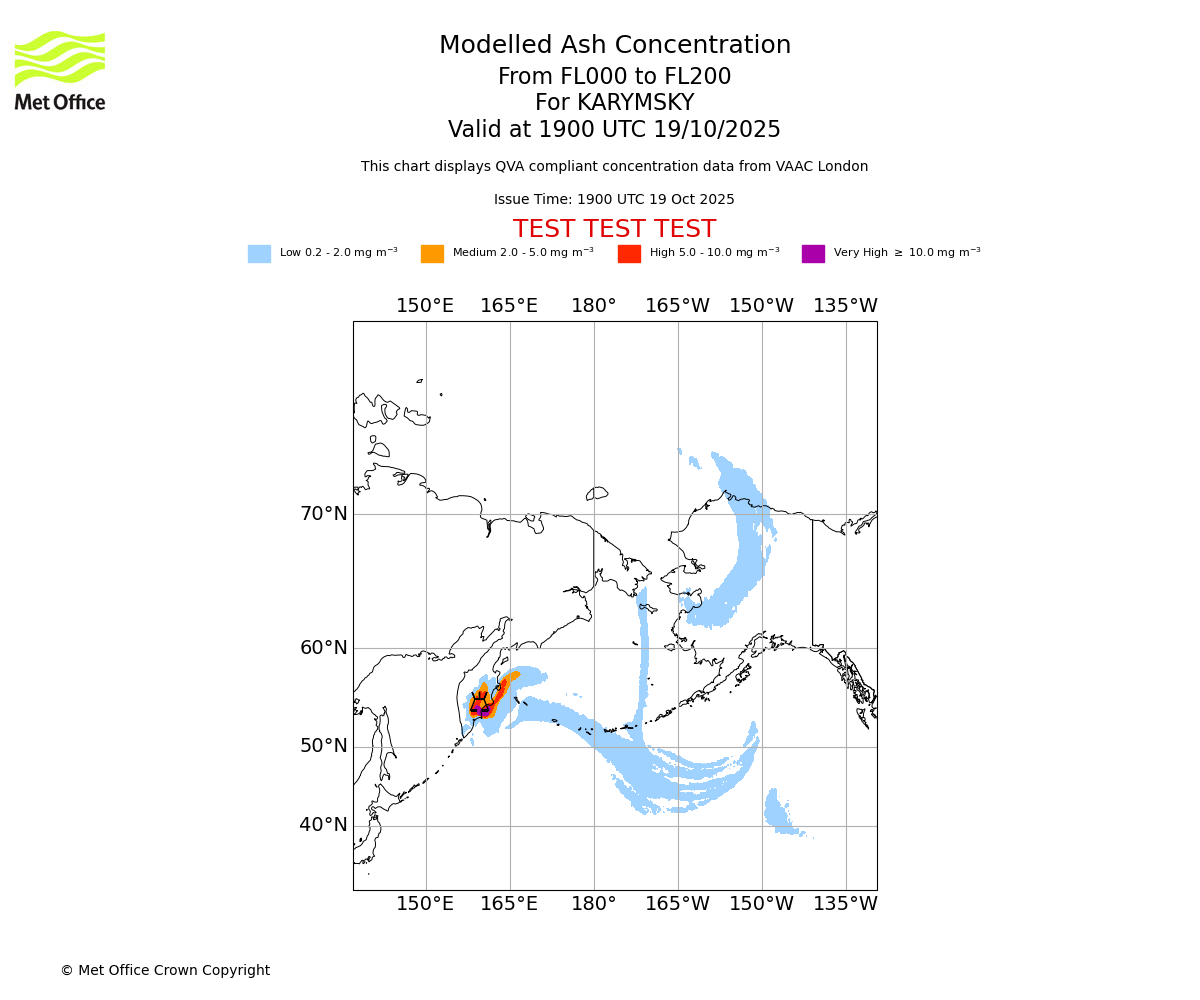 Modelled ash concentration from 000 to 200 for KARYMSKY. Valid at 1900 UTC 19/10/2025