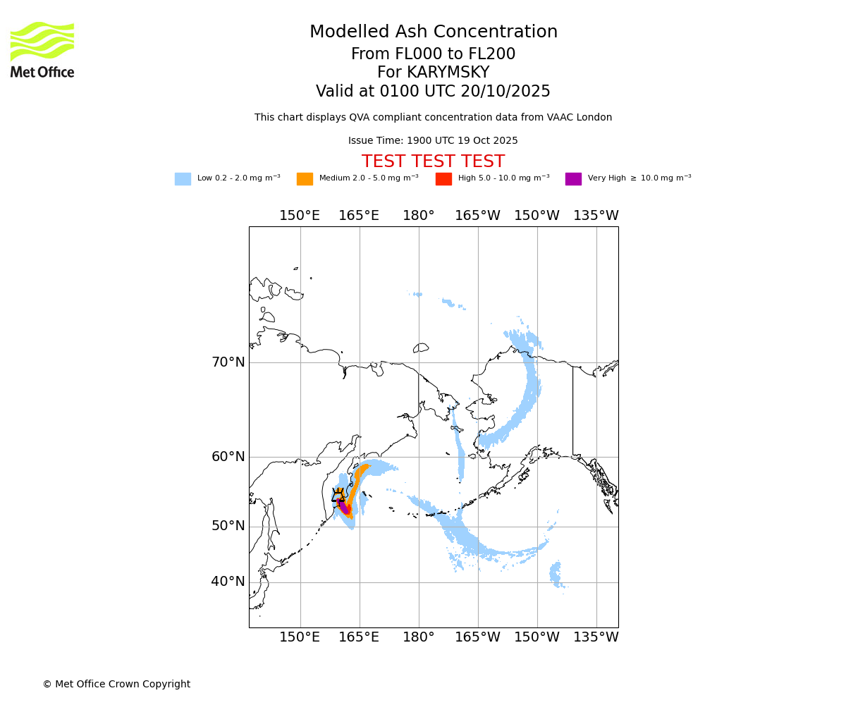 Modelled ash concentration from 000 to 200 for KARYMSKY. Valid at 0100 UTC 20/10/2025