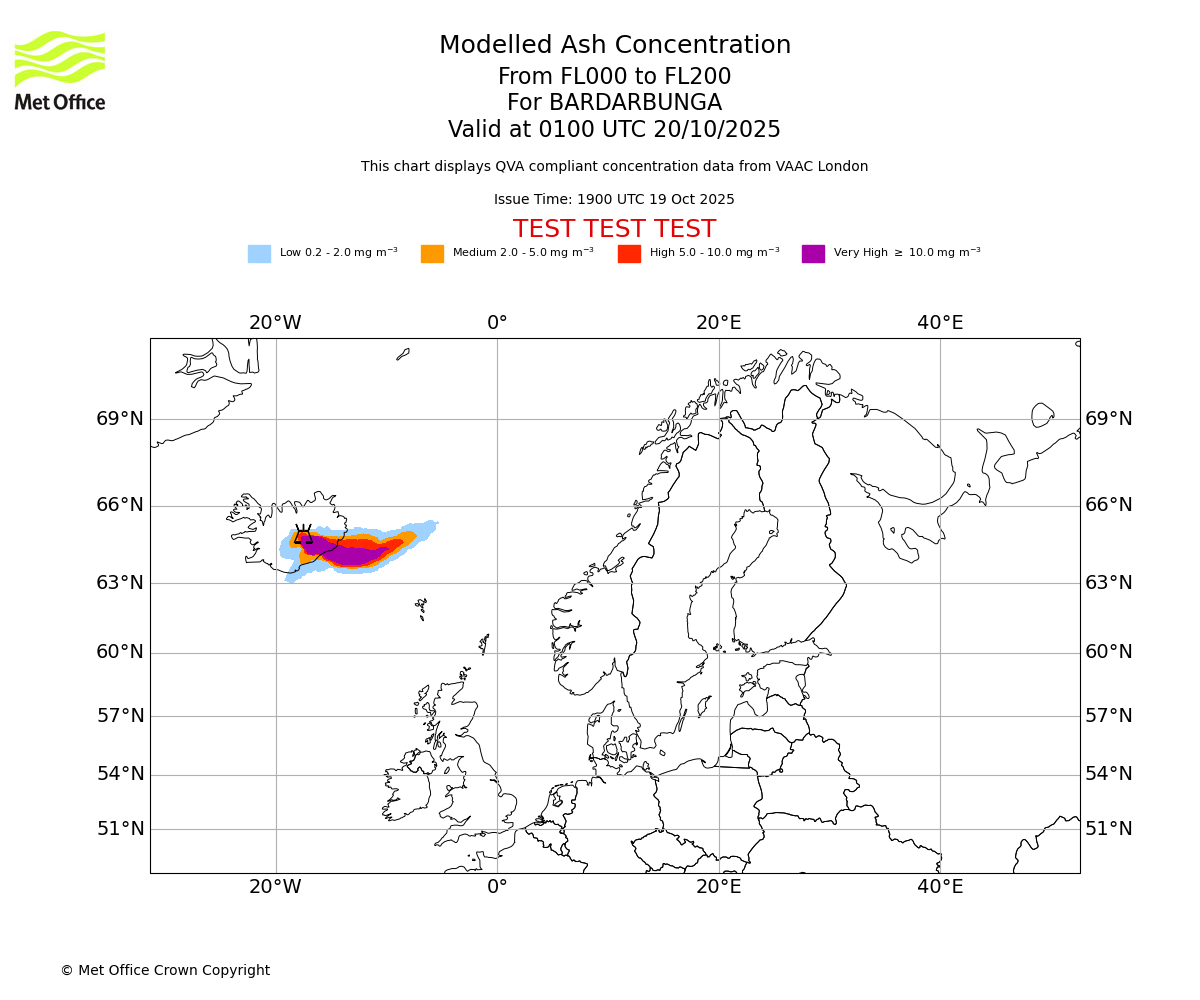 Modelled ash concentration from 000 to 200 for BARDARBUNGA. Valid at 0100 UTC 20/10/2025