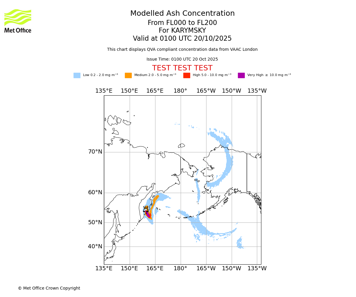 Modelled ash concentration from 000 to 200 for KARYMSKY. Valid at 0100 UTC 20/10/2025