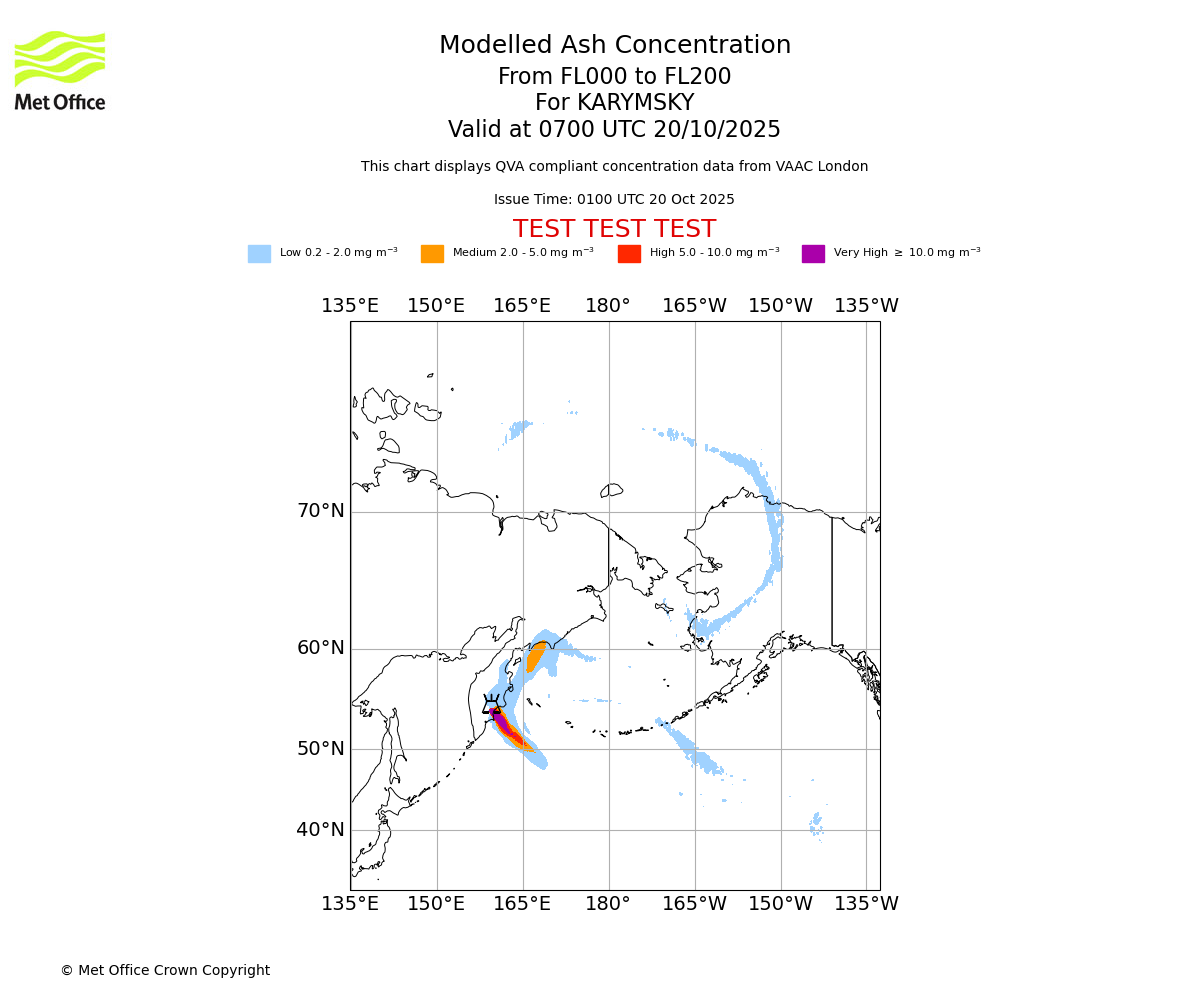 Modelled ash concentration from 000 to 200 for KARYMSKY. Valid at 0700 UTC 20/10/2025