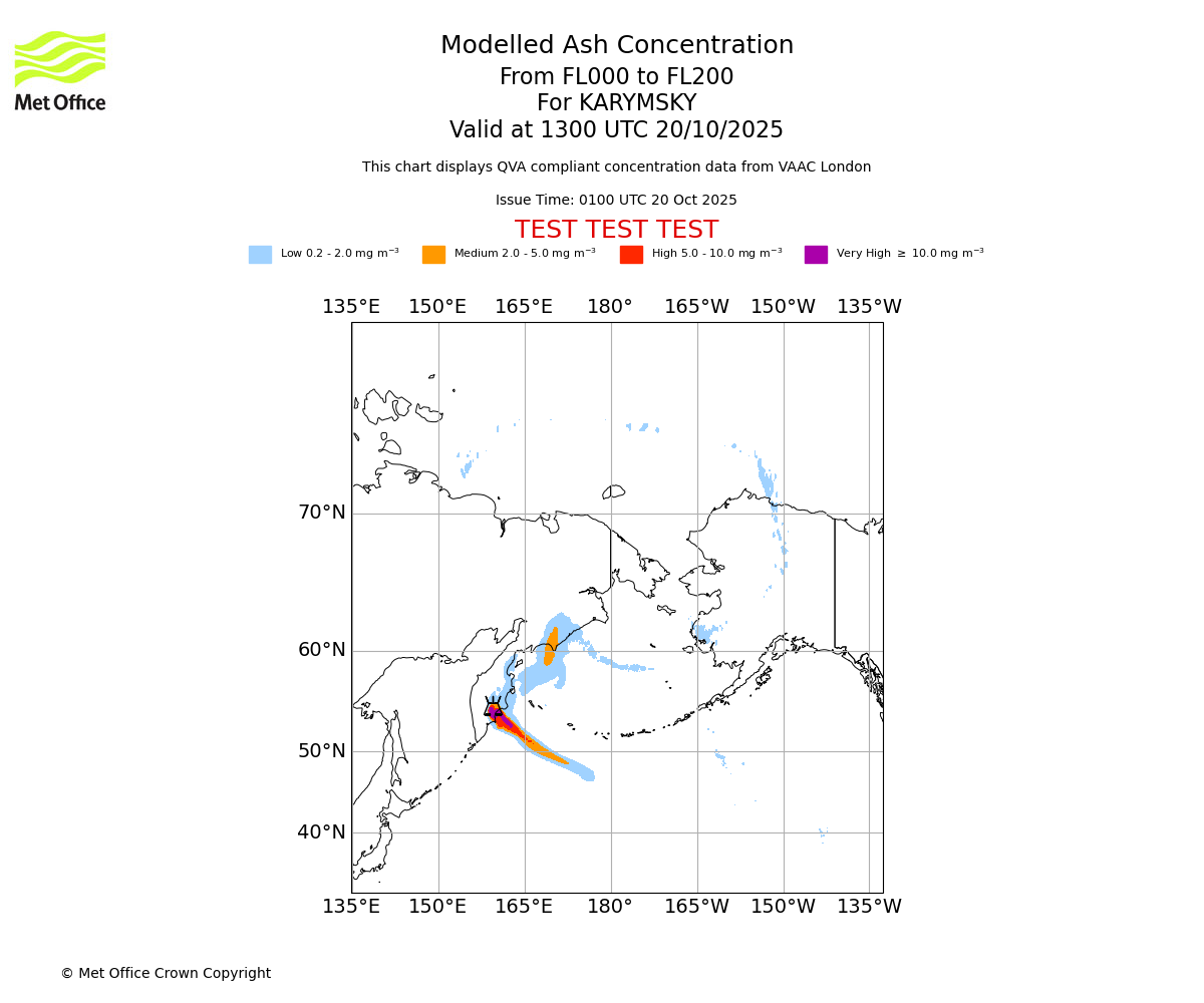 Modelled ash concentration from 000 to 200 for KARYMSKY. Valid at 1300 UTC 20/10/2025