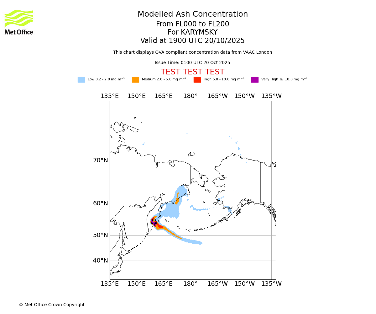 Modelled ash concentration from 000 to 200 for KARYMSKY. Valid at 1900 UTC 20/10/2025