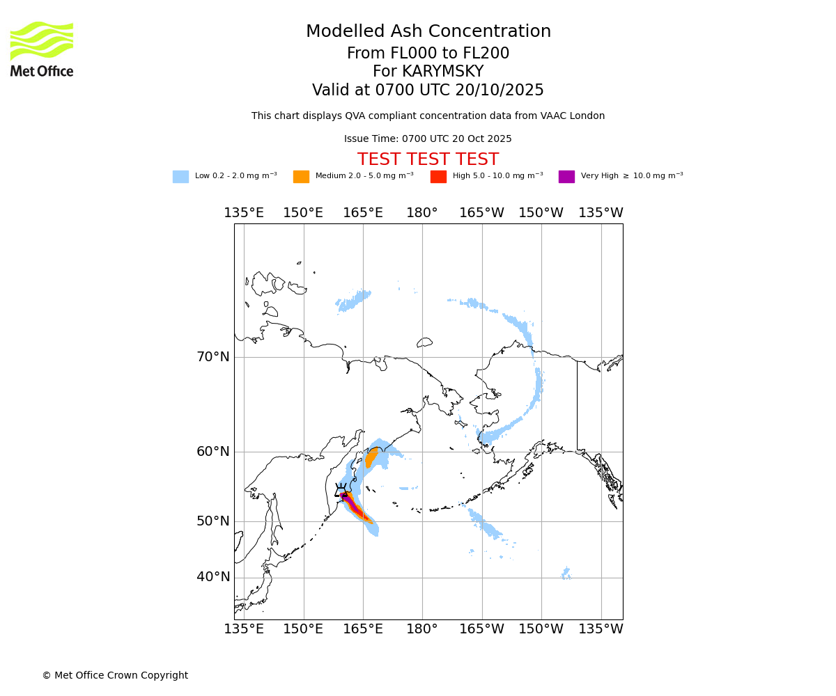 Modelled ash concentration from 000 to 200 for KARYMSKY. Valid at 0700 UTC 20/10/2025