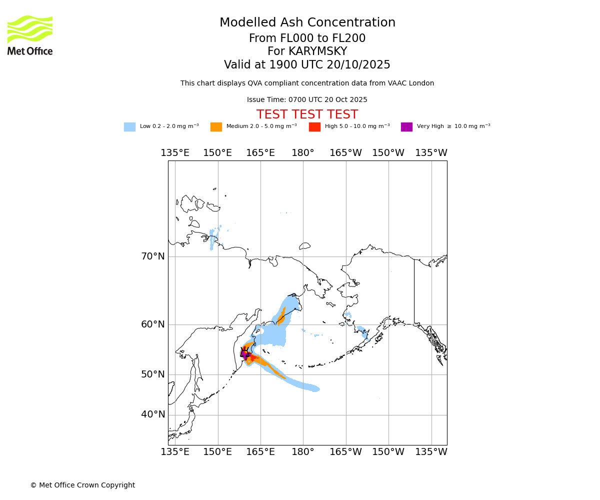 Modelled ash concentration from 000 to 200 for KARYMSKY. Valid at 1900 UTC 20/10/2025
