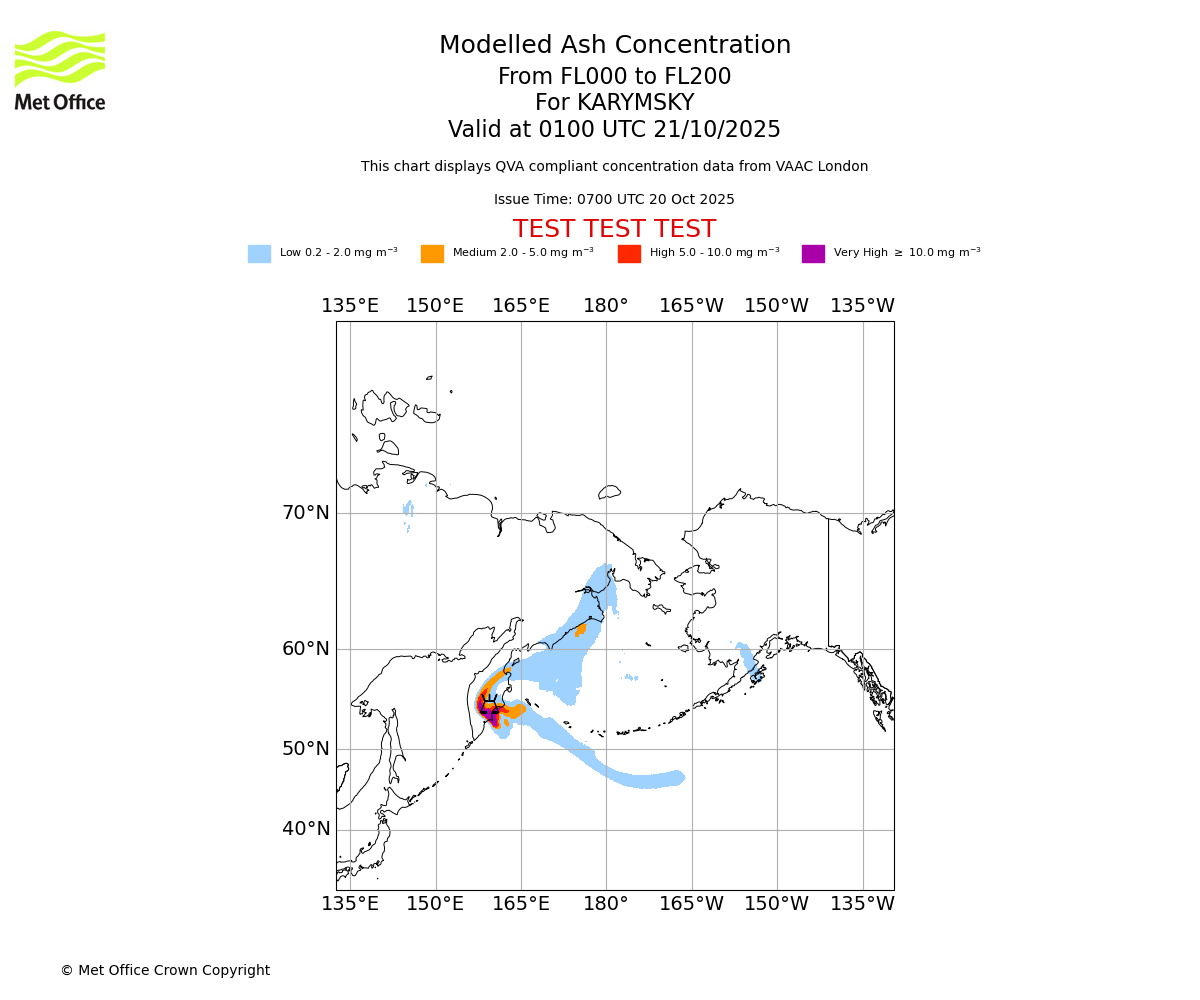Modelled ash concentration from 000 to 200 for KARYMSKY. Valid at 0100 UTC 21/10/2025
