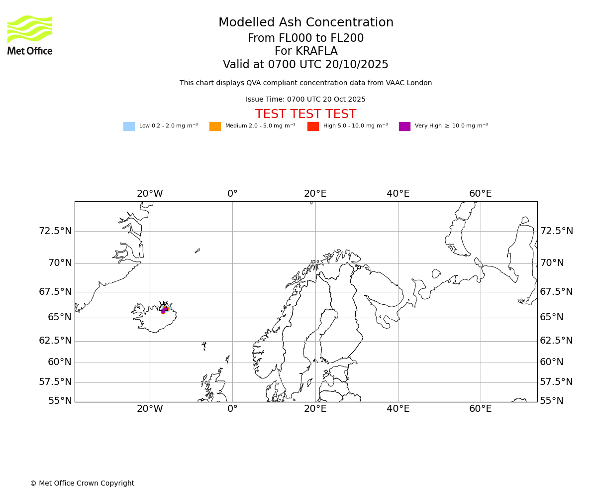Modelled ash concentration from 000 to 200 for KRAFLA. Valid at 0700 UTC 20/10/2025