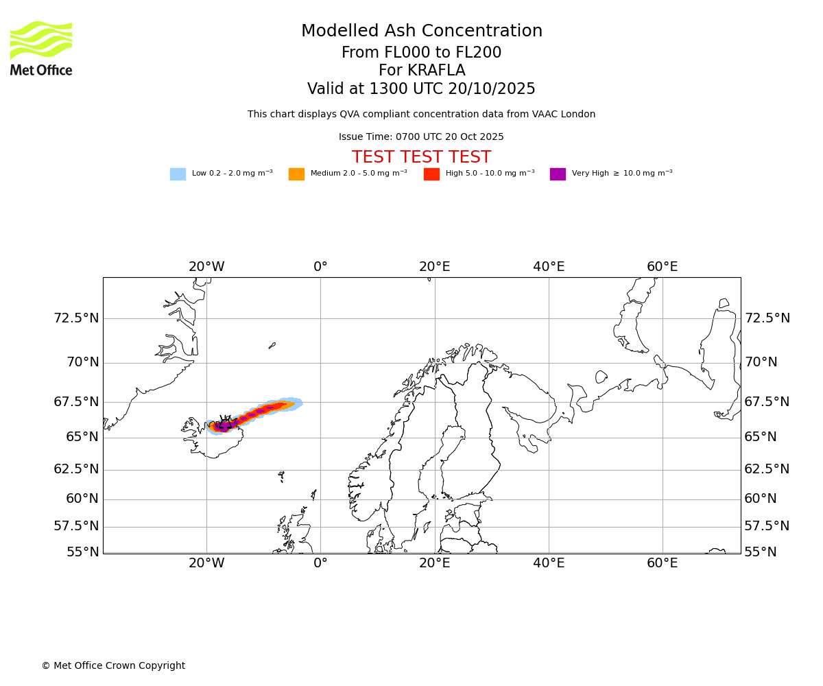Modelled ash concentration from 000 to 200 for KRAFLA. Valid at 1300 UTC 20/10/2025