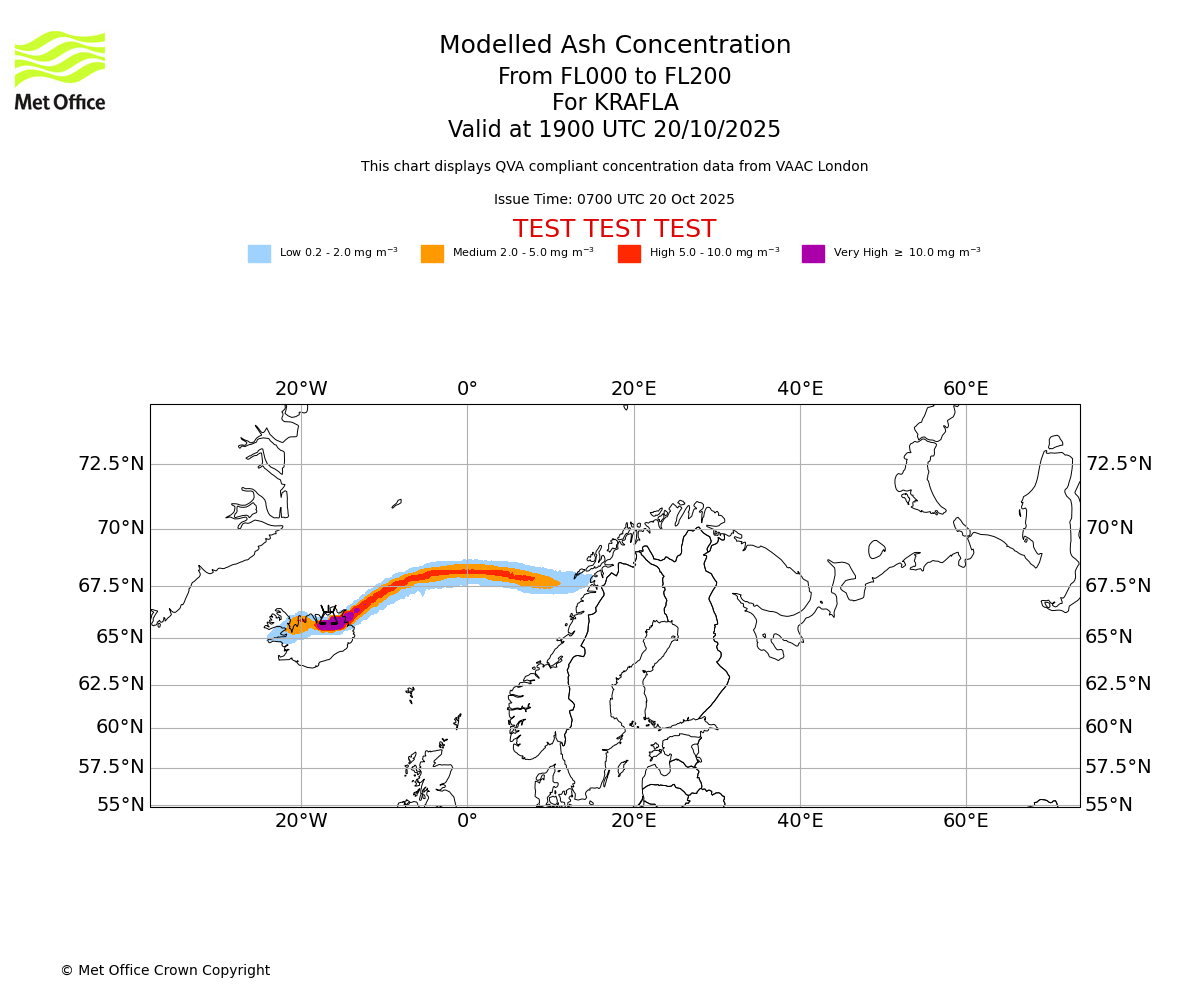 Modelled ash concentration from 000 to 200 for KRAFLA. Valid at 1900 UTC 20/10/2025