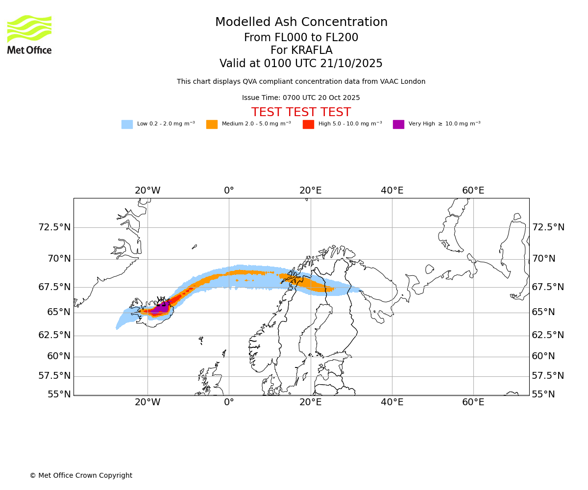 Modelled ash concentration from 000 to 200 for KRAFLA. Valid at 0100 UTC 21/10/2025