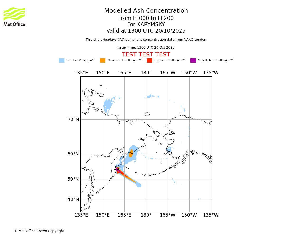 Modelled ash concentration from 000 to 200 for KARYMSKY. Valid at 1300 UTC 20/10/2025